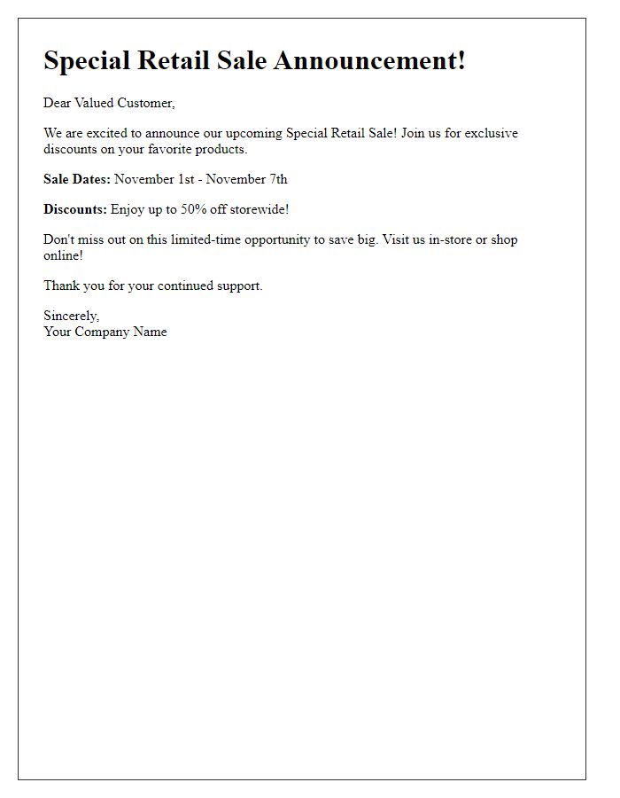 Letter template of Special Retail Sale Discount Announcement