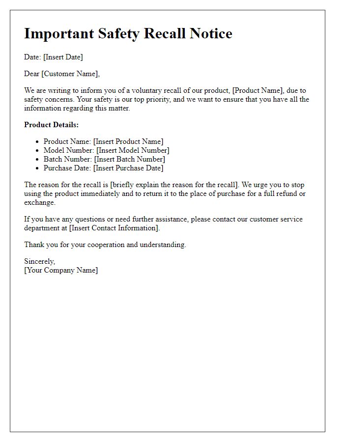 Letter template of consumer safety product recall