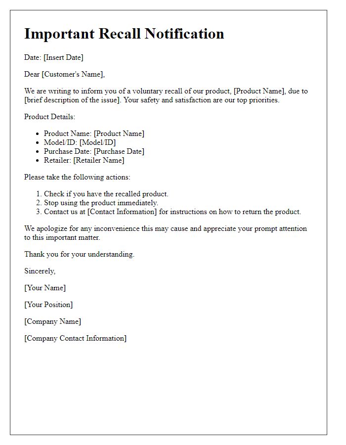 Letter template of merchandise recall communication