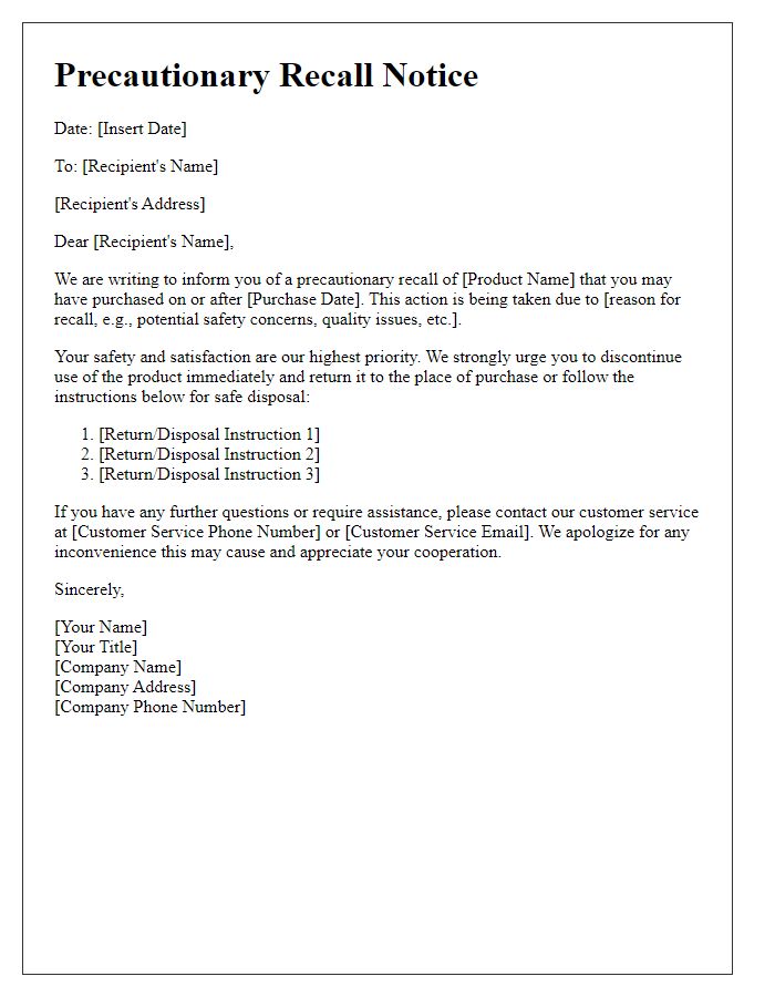 Letter template of precautionary recall notice