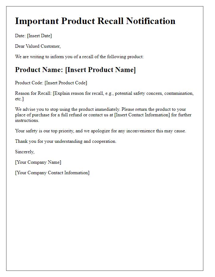 Letter template of product recall notification for customers