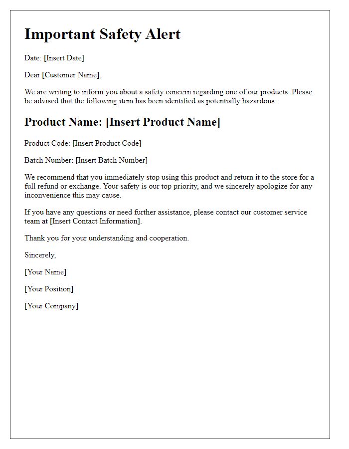 Letter template of retail item safety alert