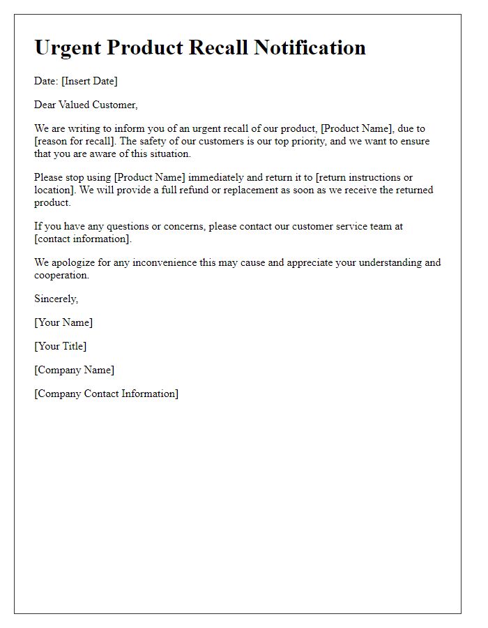 Letter template of urgent product recall announcement