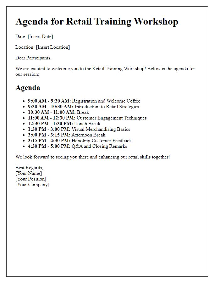 Letter template of agenda for retail training workshop participants