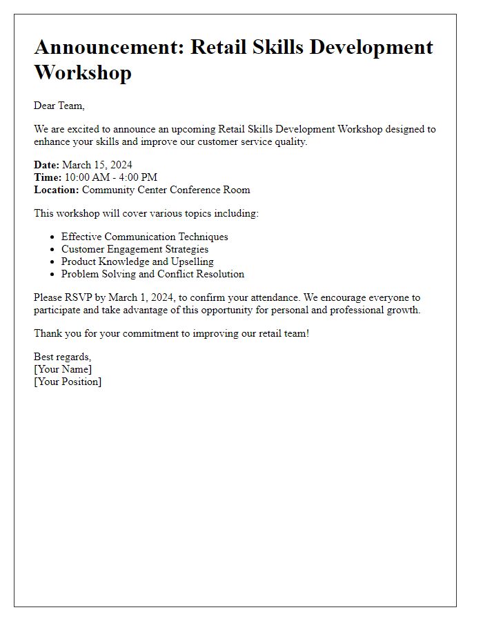 Letter template of announcement for retail skills development workshop