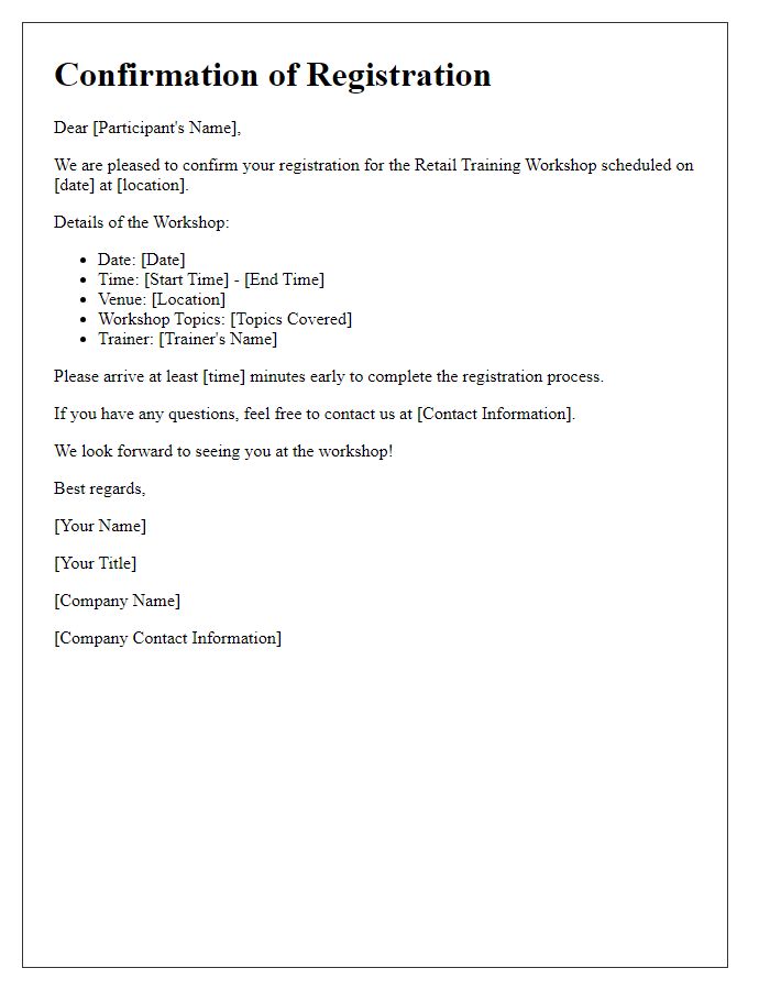 Letter template of confirmation for retail training workshop registration