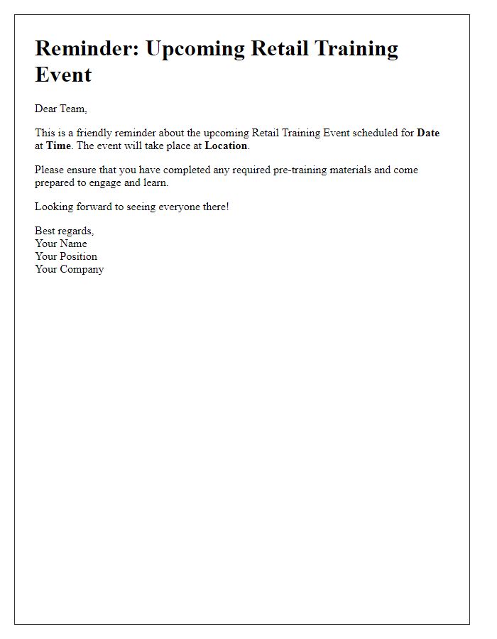 Letter template of reminder for upcoming retail training event