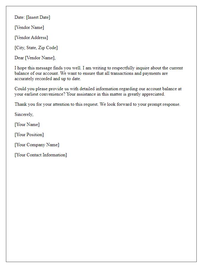 Letter template of respectful retail vendor account balance inquiry
