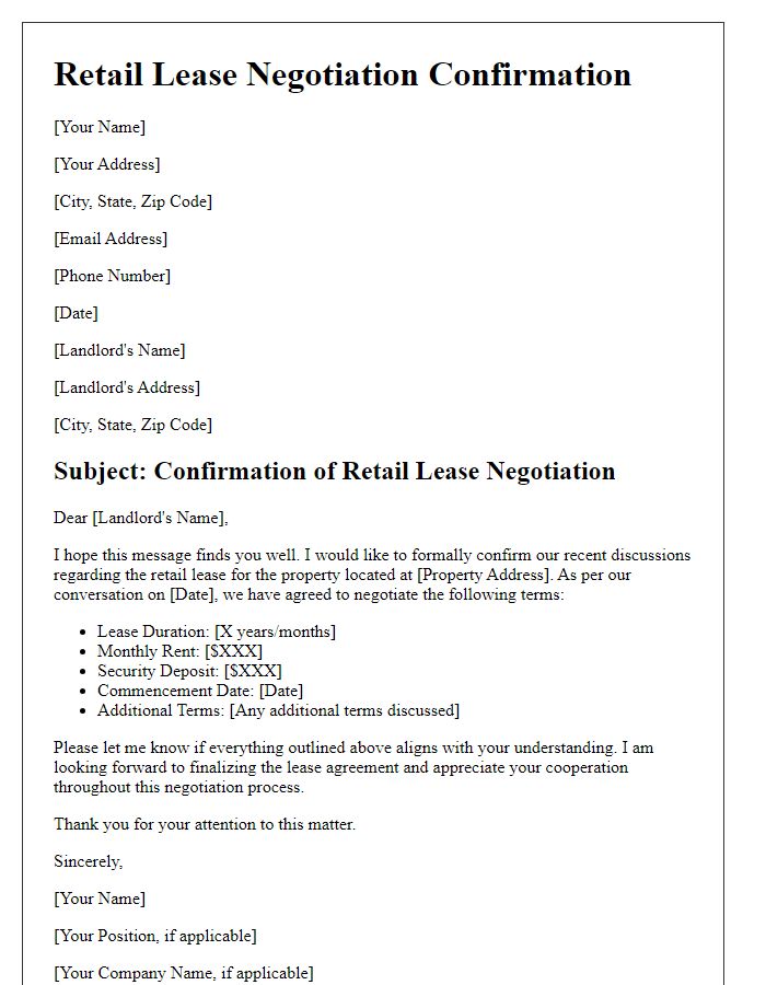 Letter template of retail lease negotiation confirmation