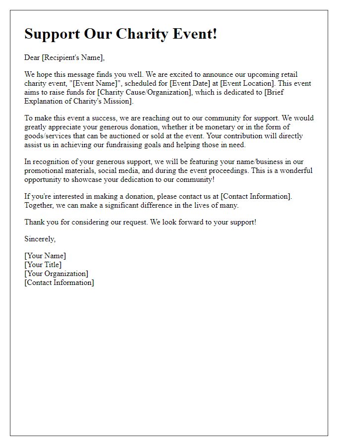 Letter template of appeal for donations to support a retail charity event.