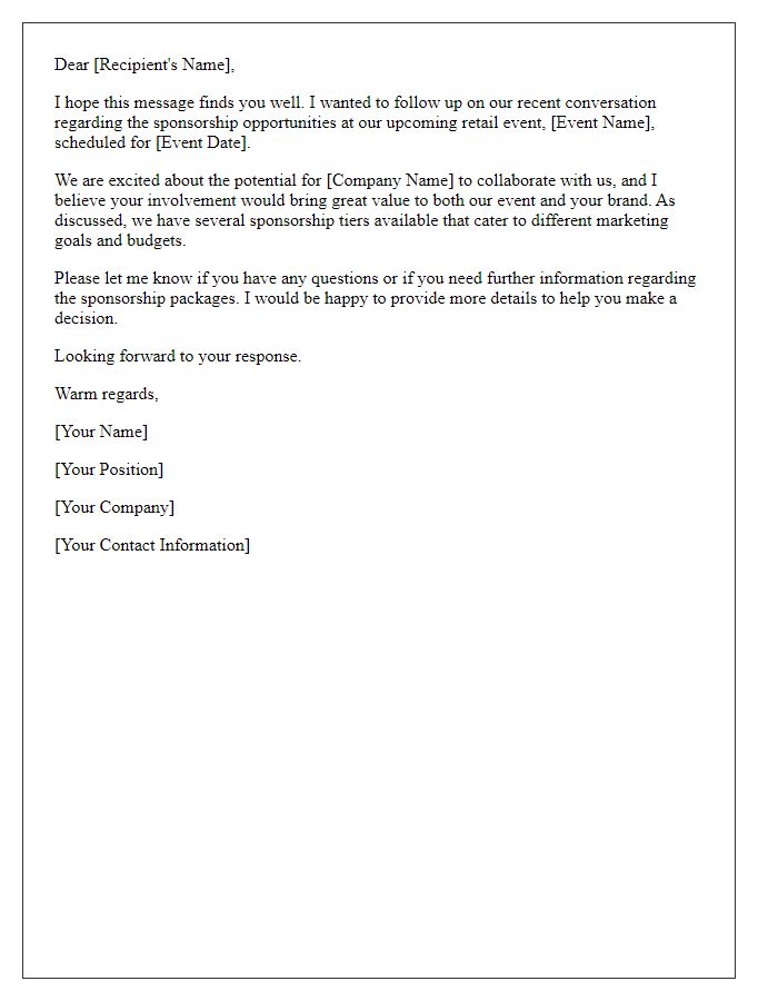 Letter template of follow-up regarding retail event sponsorship opportunities.