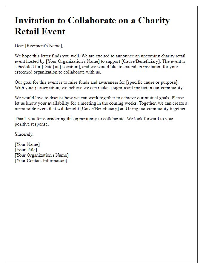 Letter template of invitation for collaboration on a charity retail event.