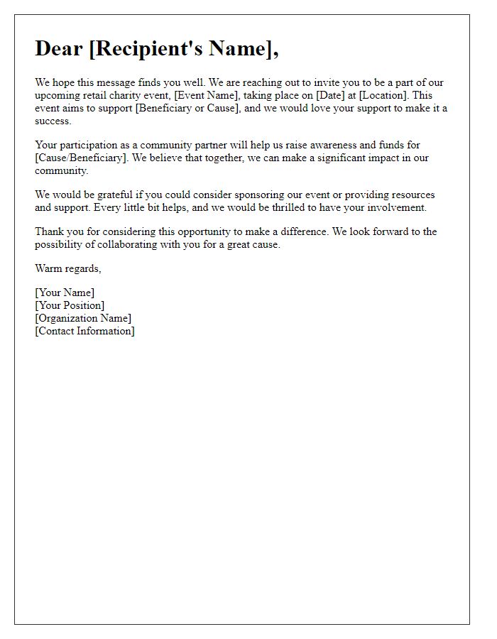 Letter template of outreach for community support in retail charity event.