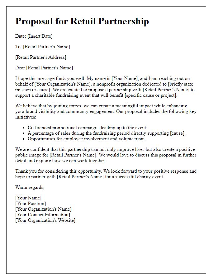 Letter template of proposal for retail partnership in charity fundraising.