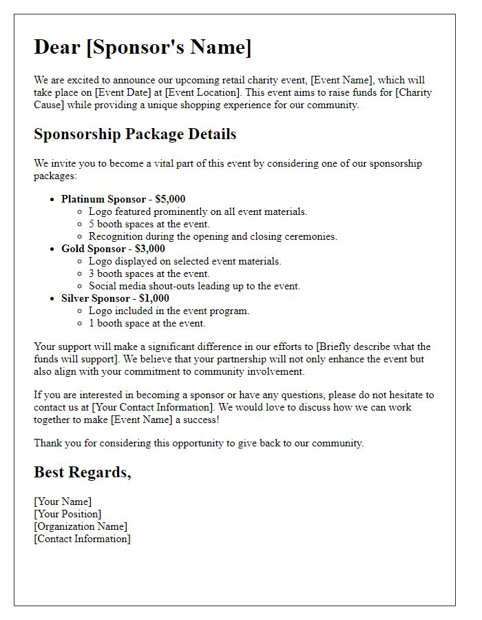 Letter template of sponsorship package details for retail charity event.