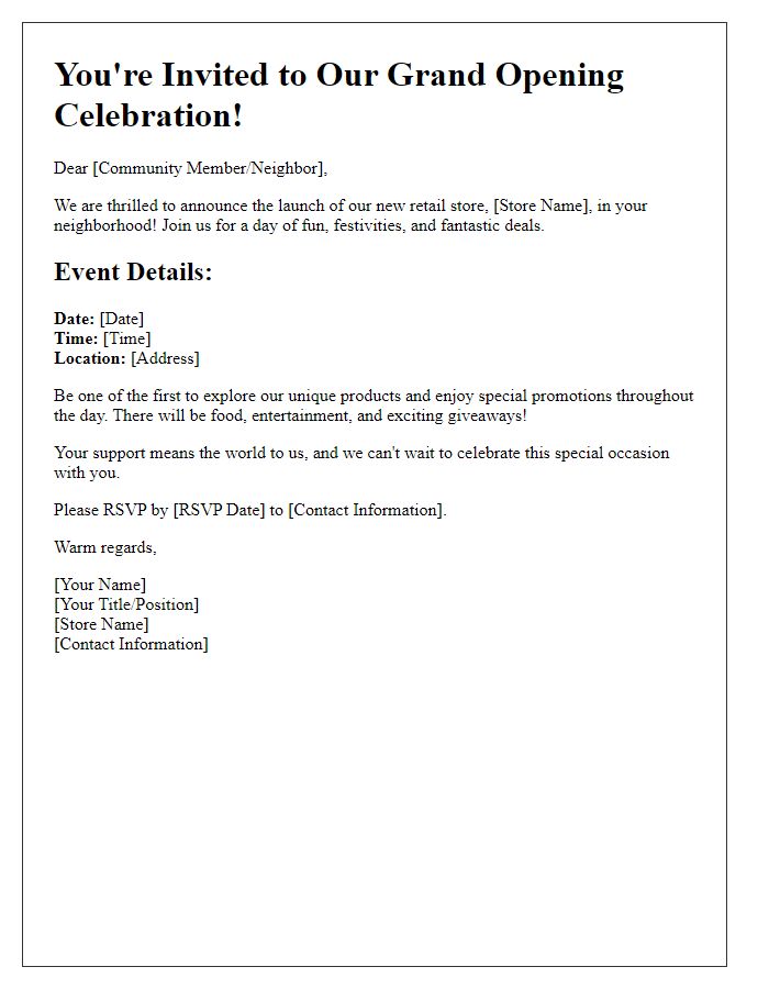 Letter template of community celebration invitation for retail launch