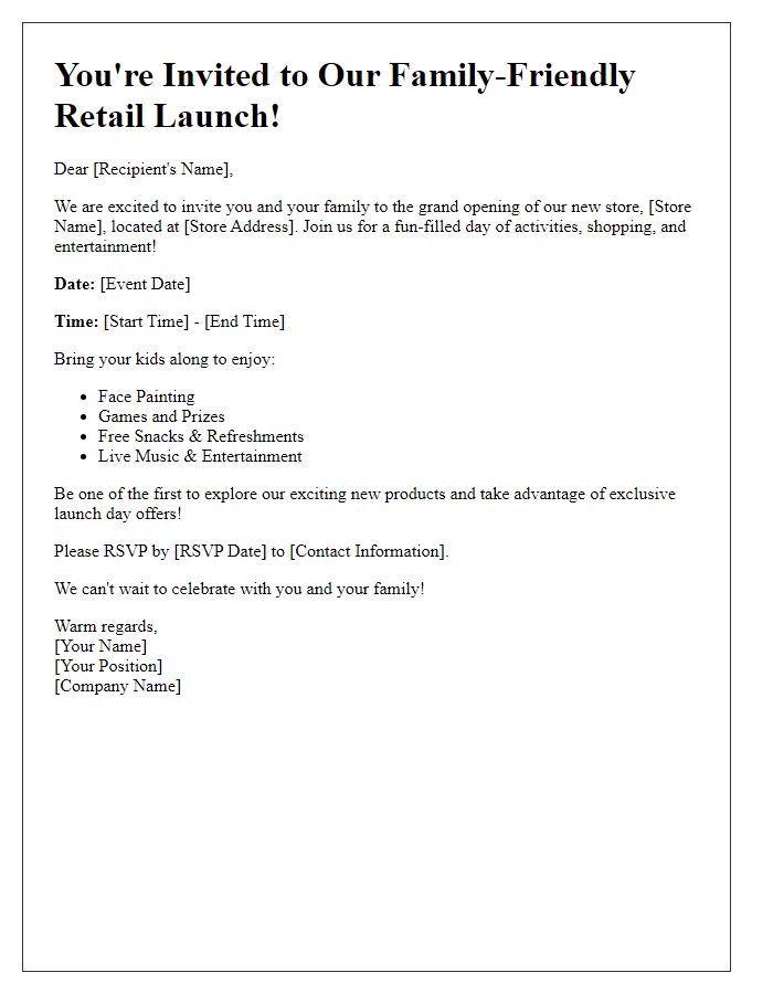 Letter template of family-friendly event invitation for retail launch