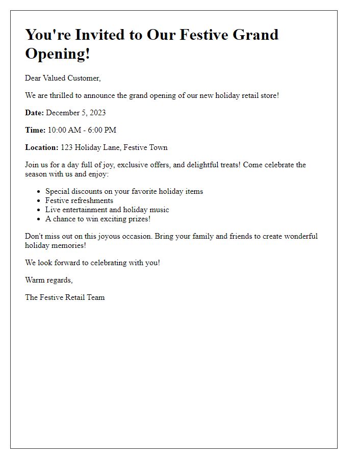 Letter template of festive grand opening invitation for holiday retail store