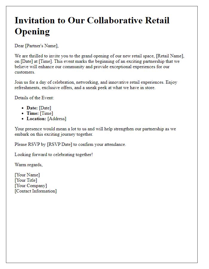 Letter template of partnership event invitation for collaborative retail opening