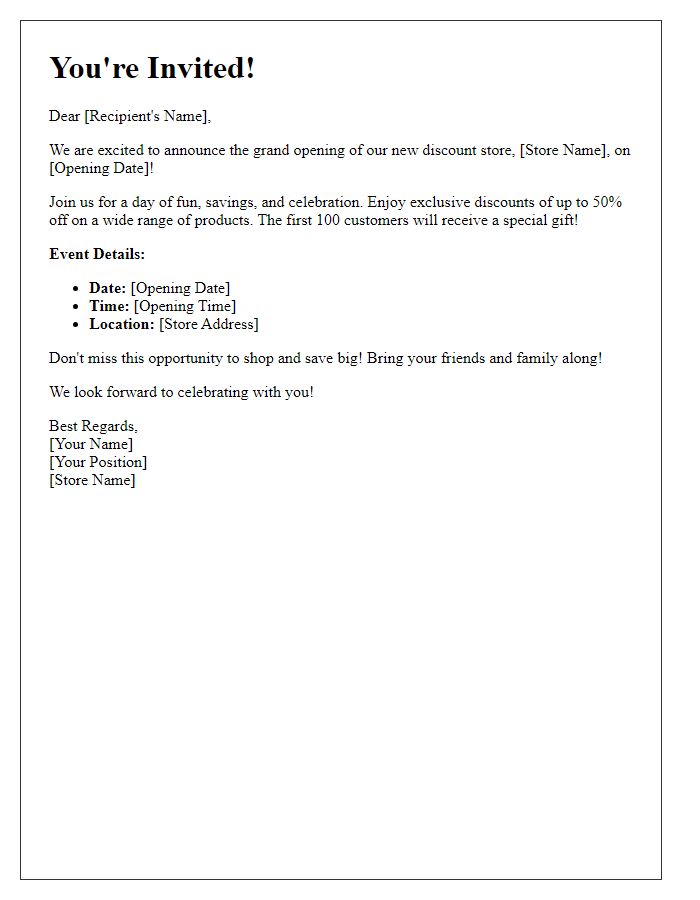 Letter template of promotional opening invite for discount store