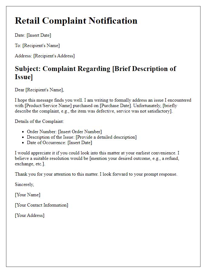 Letter template of retail complaint management solution