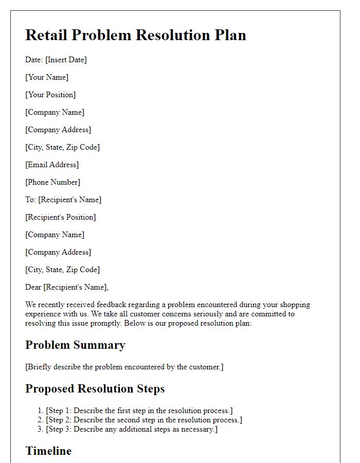 Letter template of retail problem resolution plan