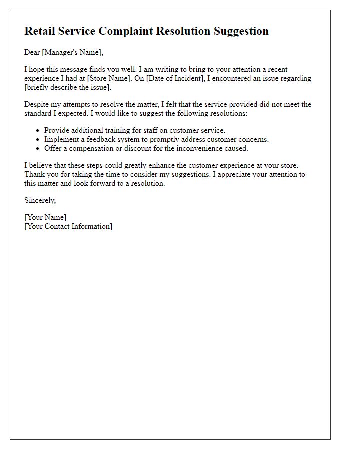 Letter template of retail service complaint resolution suggestion