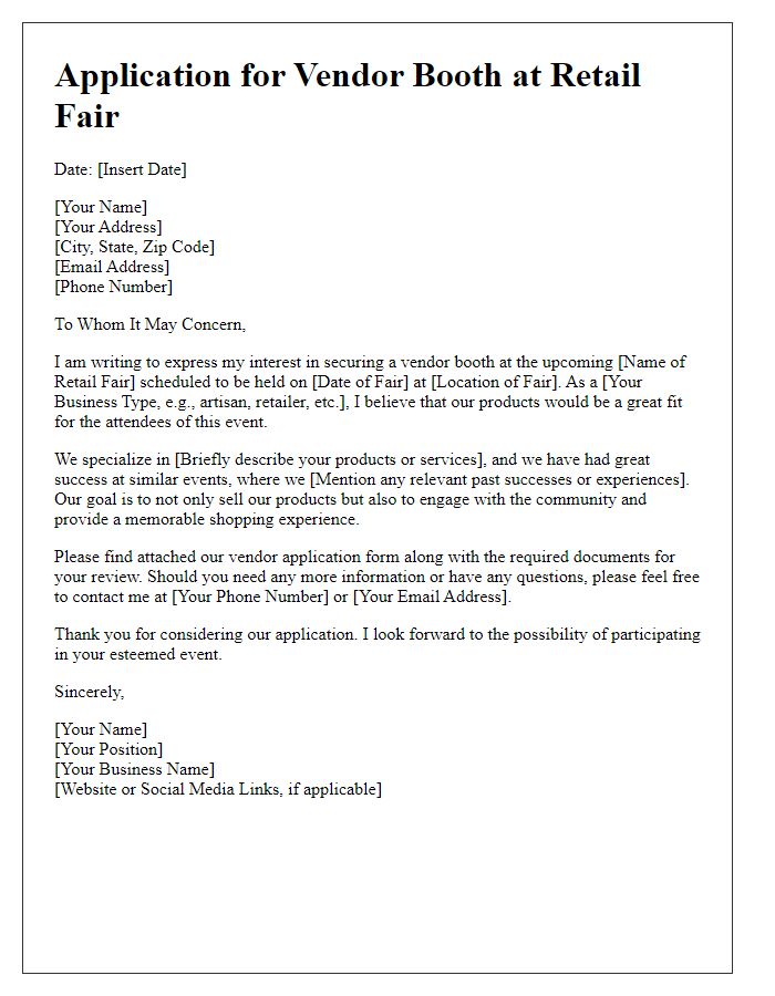 Letter template of application for vendor booth at a retail fair