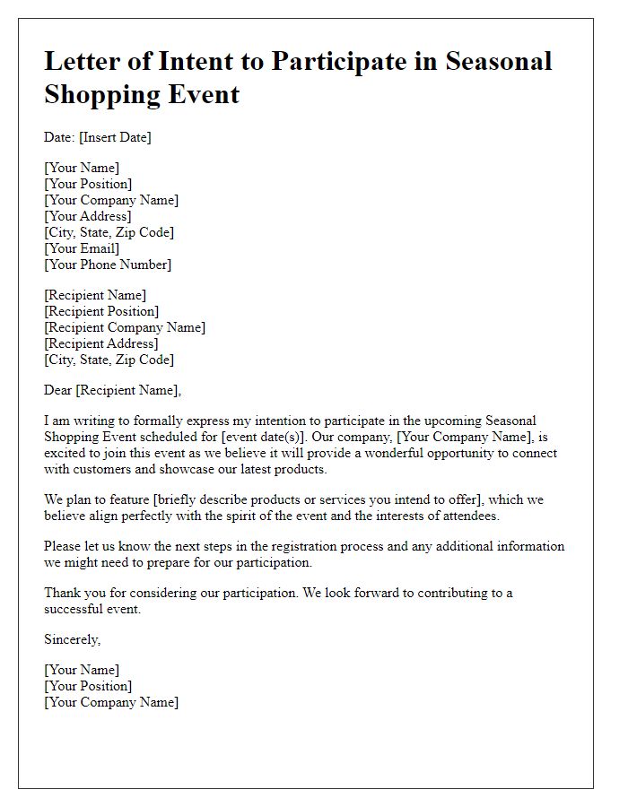 Letter template of intention to participate in a seasonal shopping event