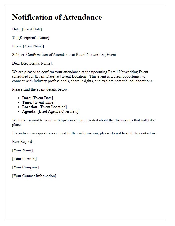 Letter template of notification for attendance at a retail networking event