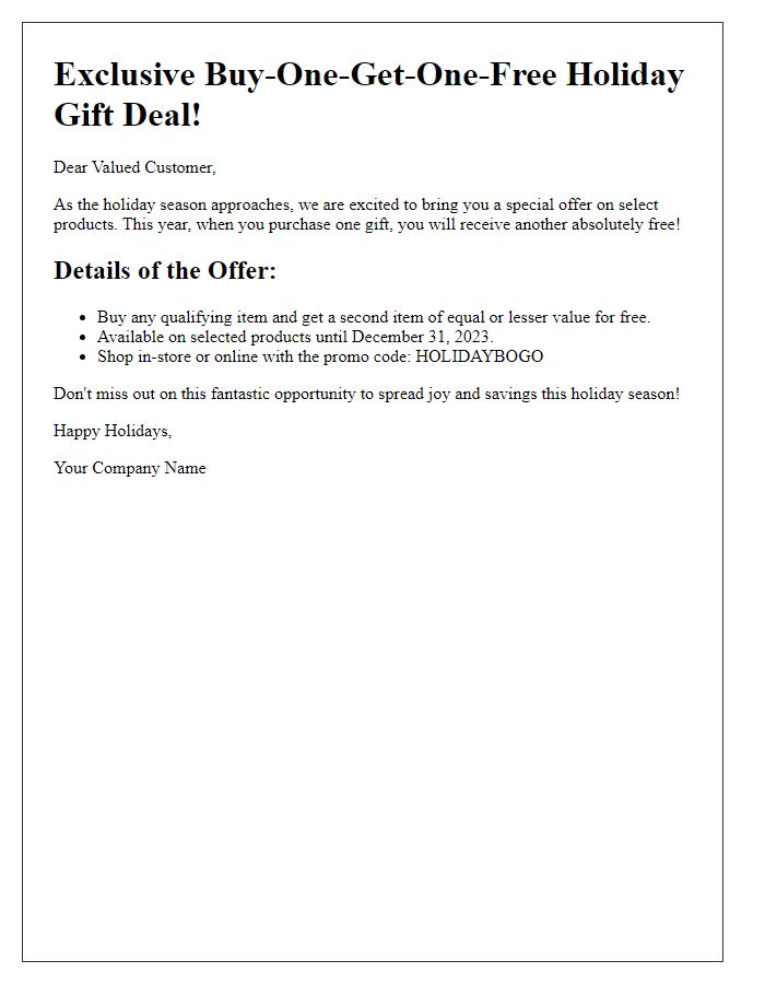 Letter template of buy-one-get-one-free holiday gift deal for select products.