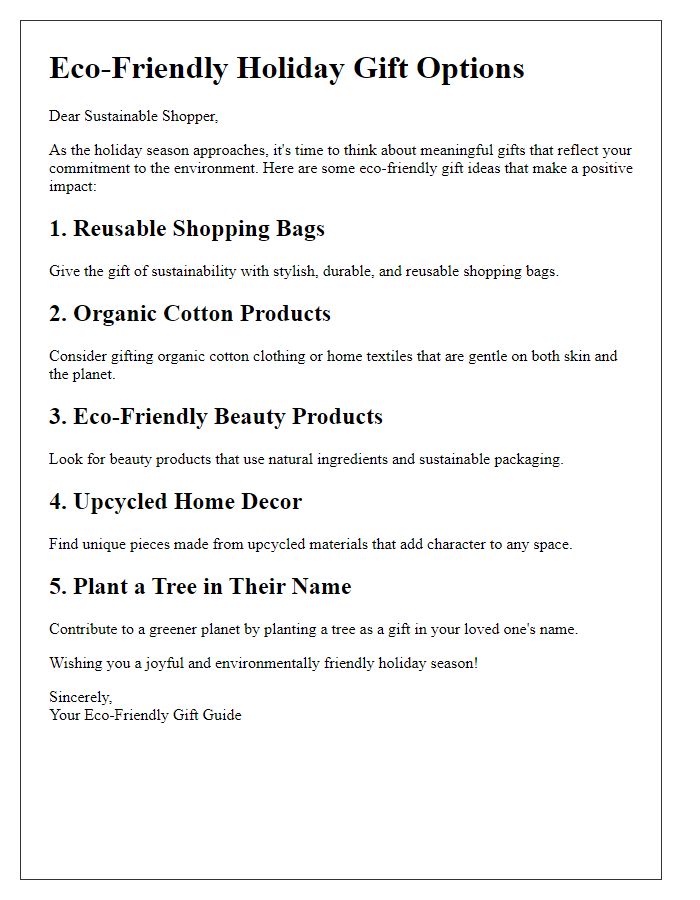 Letter template of eco-friendly holiday gift options for sustainable shoppers.