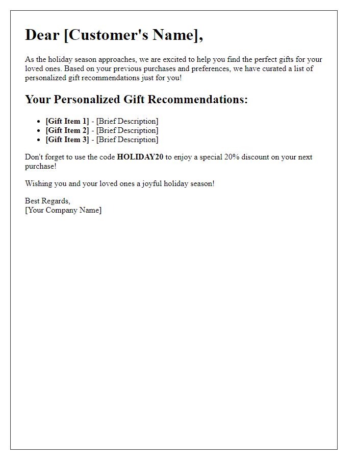 Letter template of personalized holiday gift recommendations for customers.