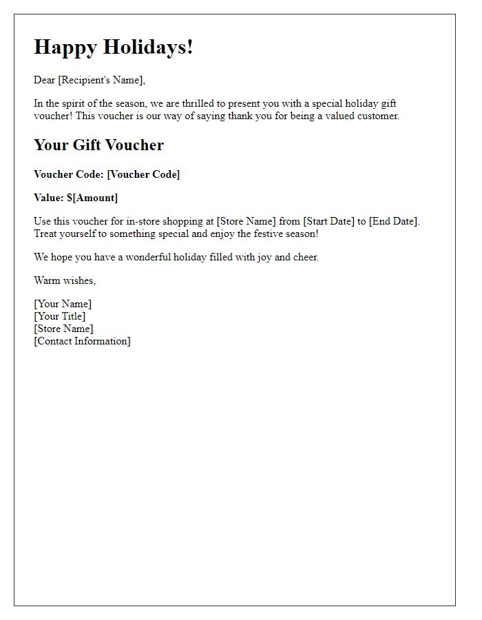 Letter template of special holiday gift vouchers for in-store shopping.