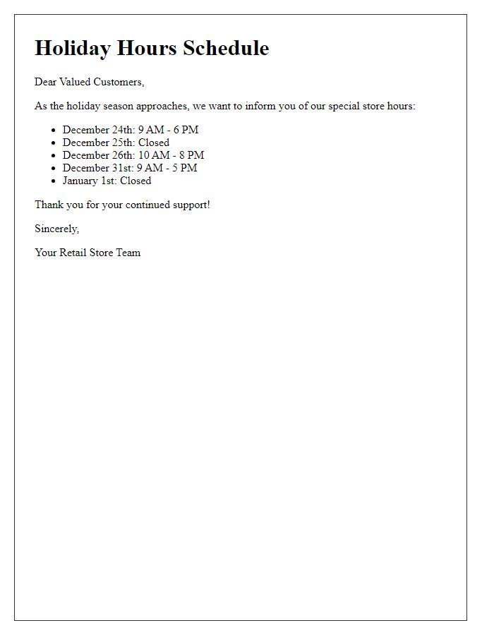 Letter template of retail store holiday hours schedule