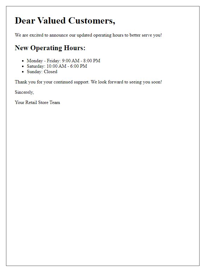 Letter template of retail store operating hours announcement