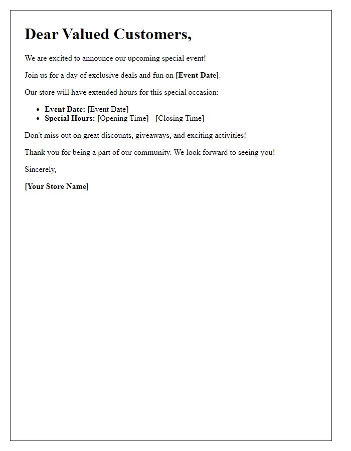 Letter template of retail store special event hours