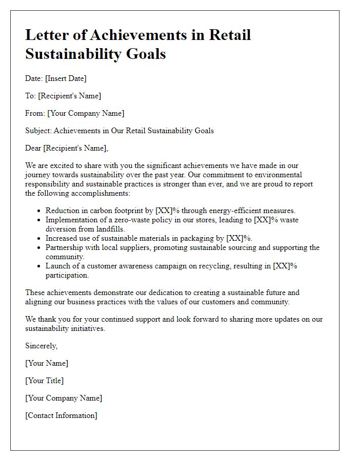 Letter template of retail sustainability goals achievements