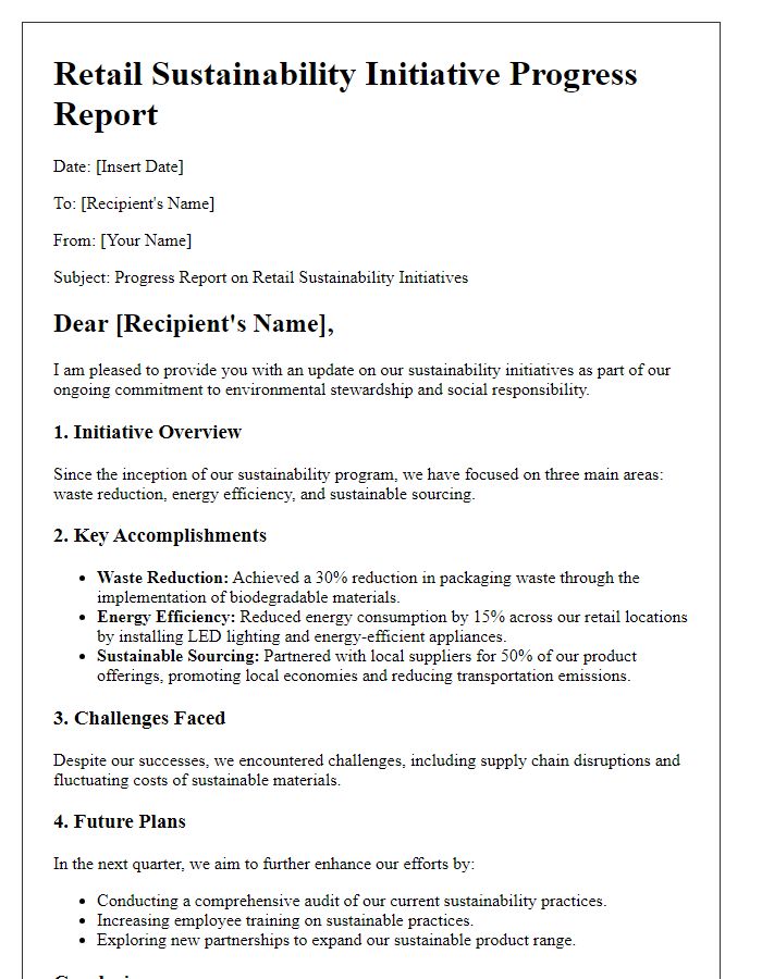 Letter template of retail sustainability initiative progress report