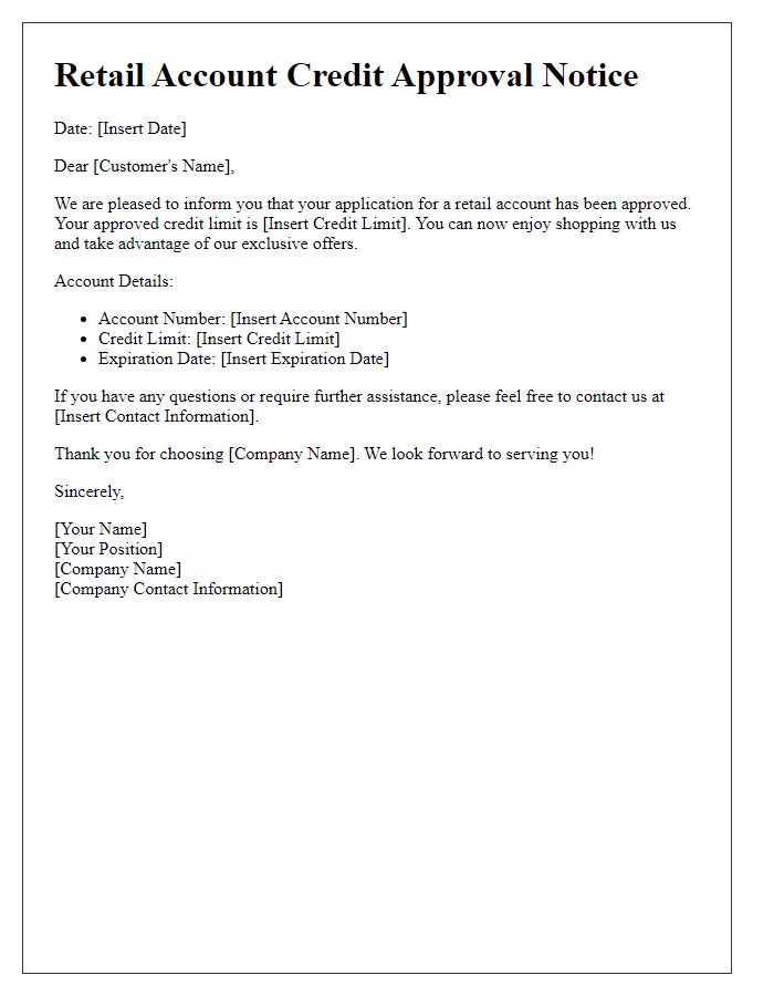 Letter template of retail account credit approval notice