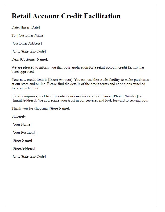 Letter template of retail account credit facilitation