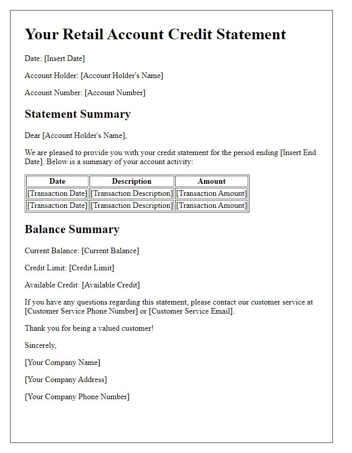 Letter template of retail account credit statement