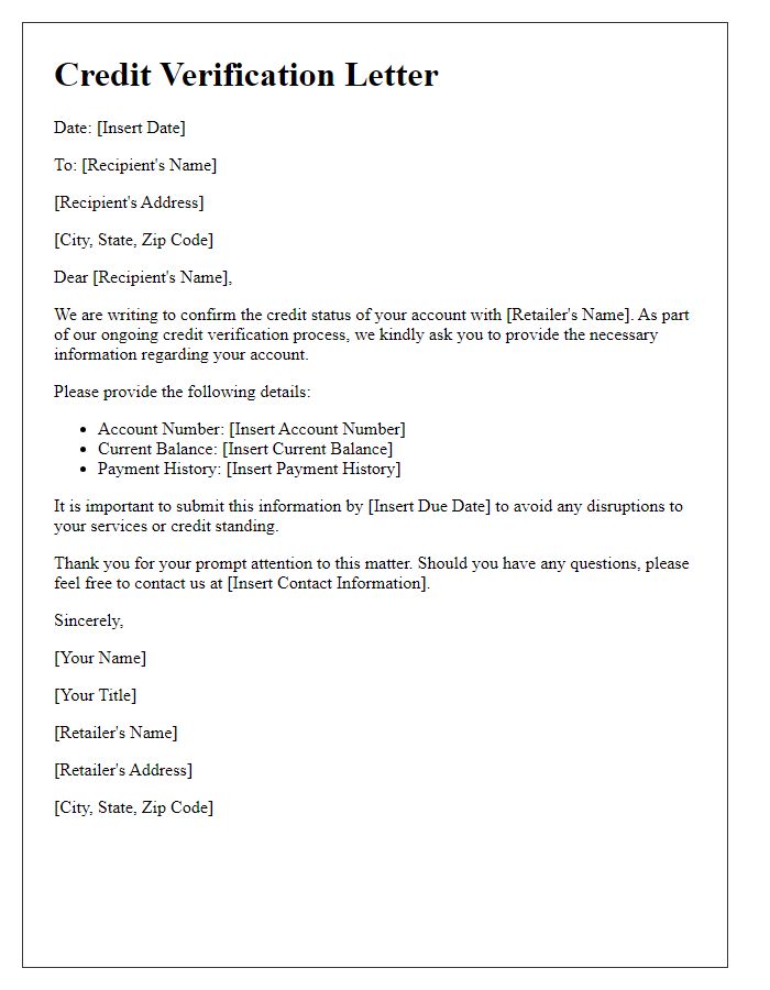 Letter template of retail account credit verification