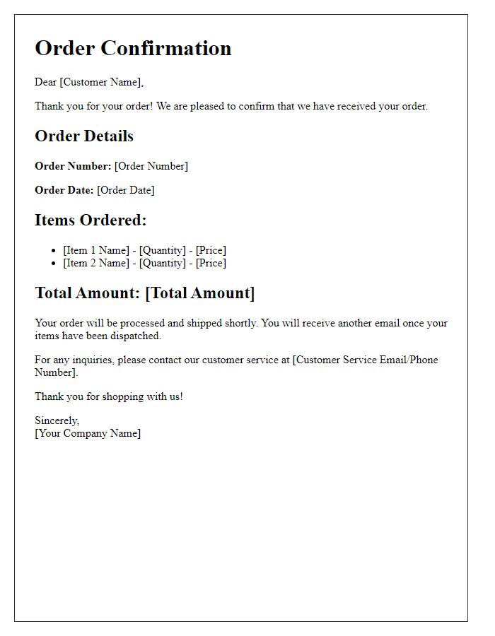 Letter template of digital retail order confirmation