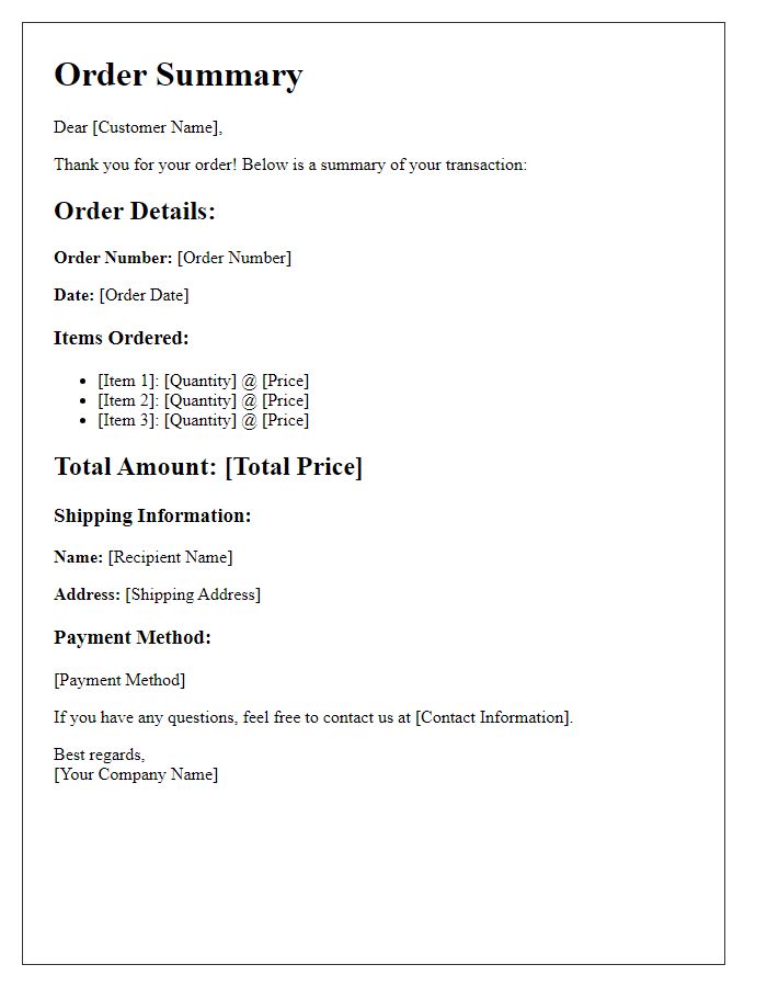 Letter template of online order summary for customers