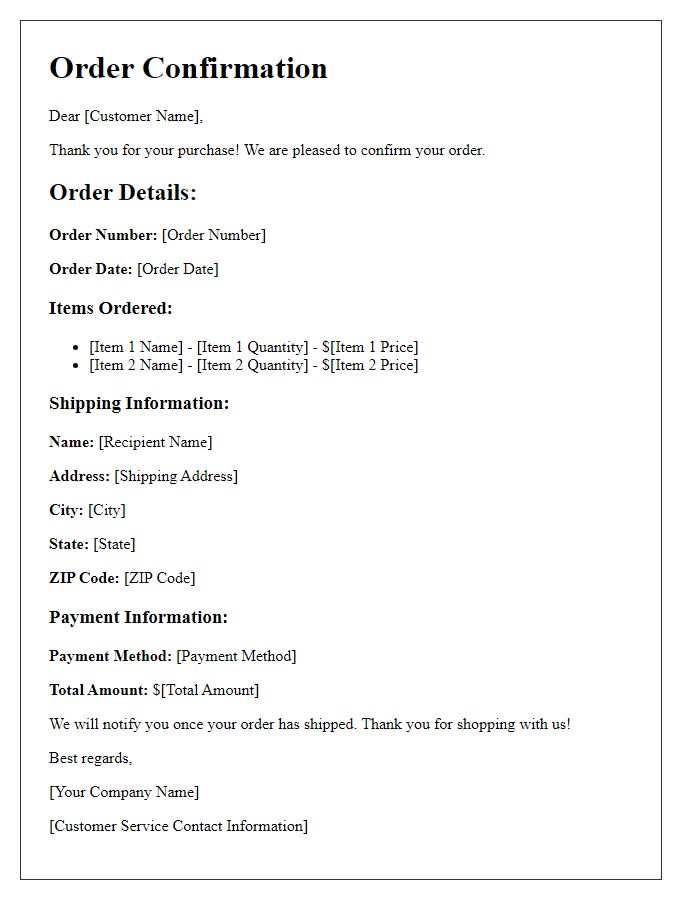 Letter template of online purchase confirmation for retail order