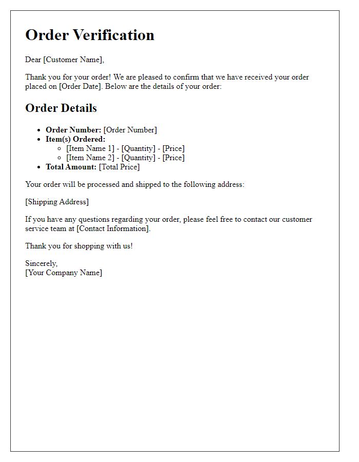 Letter template of online shopping order verification