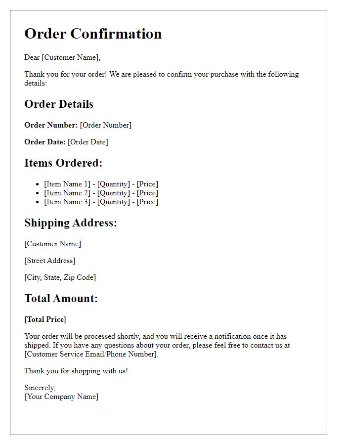 Letter template of order confirmation for online retailers