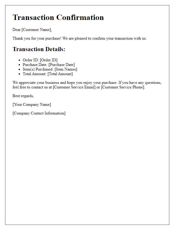 Letter template of retail transaction confirmation email