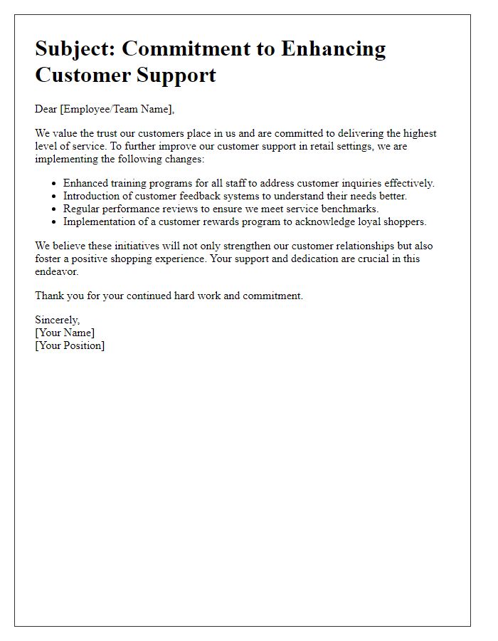 Letter template of improving customer support in retail settings